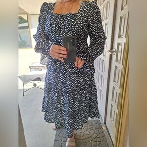 Baby Doll Midi Dress SzXL Navy/Wht Floral Tiered Long Sleeves Ruffle Fitted Bust